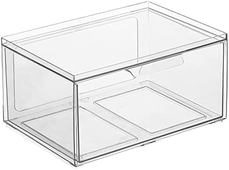 mDesign Plastic Wide Stackable Kitchen Storage Organizer Bin Containers with Front Pull Drawer for Cabinet, Pantry, Fridge, Freezer, Shelf, Refrigerator Organization, Lumiere Collection, 4 Pack, Clear