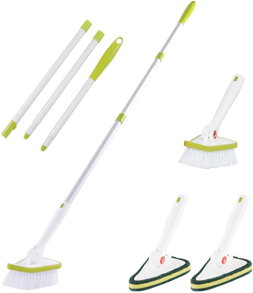 CQT 2 in 1 Bathroom Cleaning Brush with 48" Extendable Long Handle Detachable Scrub Brush with 2 Scrubber Heads and 2 Scouring Pad Head for Cleaning Bathtub Shower Bathroom Wall Bathtub Floor