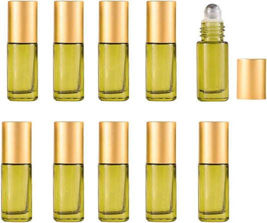 10 Pack Glass Roller Bottles for Essential Oils,5ml Green Roll On Bottles with Stainless Steel Roller Balls,Refillable Aromatherapy Massage Roll On Bottle Perfume Bottle for Travel