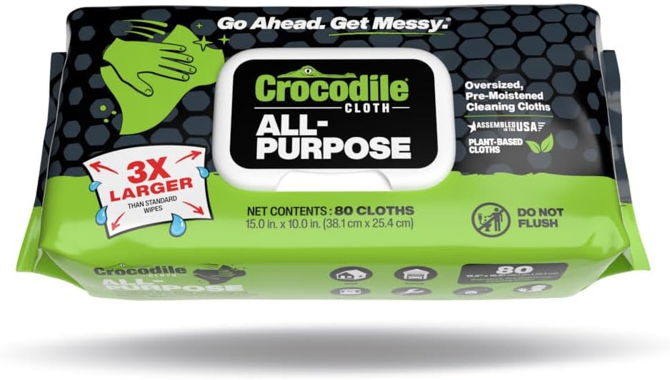 Crocodile Cloth All-Purpose Cleaning Wipes – 80 Count, 15"x10" Extra Large Plant-Based Disposable Cloths – Moist, Absorbent, Safe on Skin, Multi-Surface Use