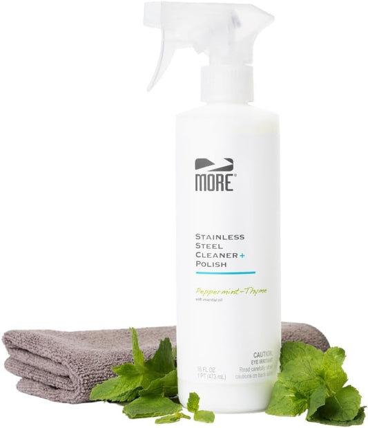 MORE - Stainless Steel Cleaner & Polish Spray + Microfiber Cloth - Stainless Steel Cleaner for Appliances, Sink, Fridge & Grill - Water-Based Streak-Free Formula - Peppermint Essential Oil Scent 16 oz