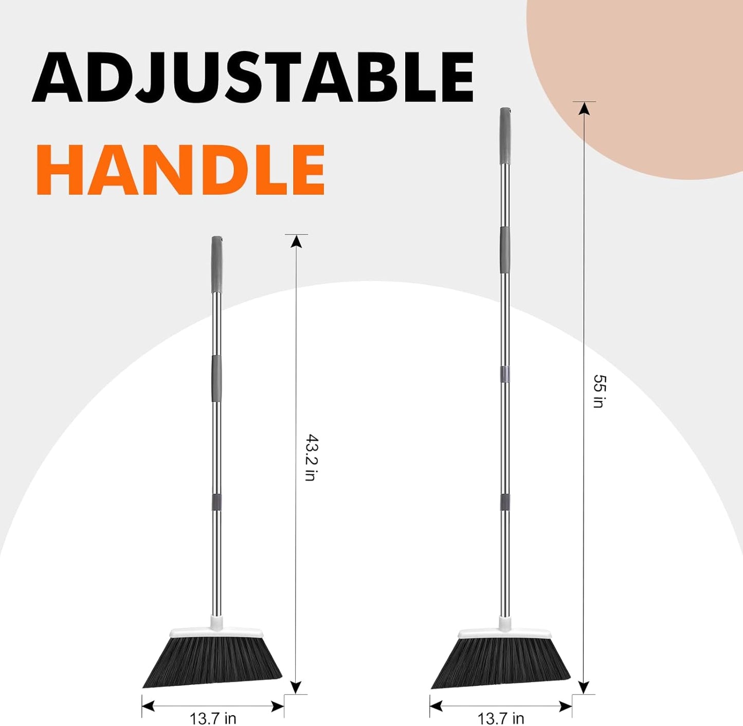 Heavy Duty Broom, 55 Inch Long Handle Outdoor Large Angle Brooms, Commercial Broom for Sweeping Indoor, for Home Garage Kitchen Office Courtyard Lobby Patio Lawn Concrete(Grey&White)