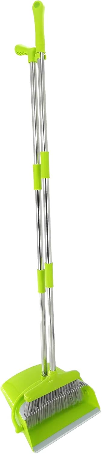 Extendable Long Handle Broom and Dustpan Set, Stainless Lightweight Upright Standing Broom and Dustpan Combo for Kitchen Lobby Office Living Room Household Indoor or Outside (Green)