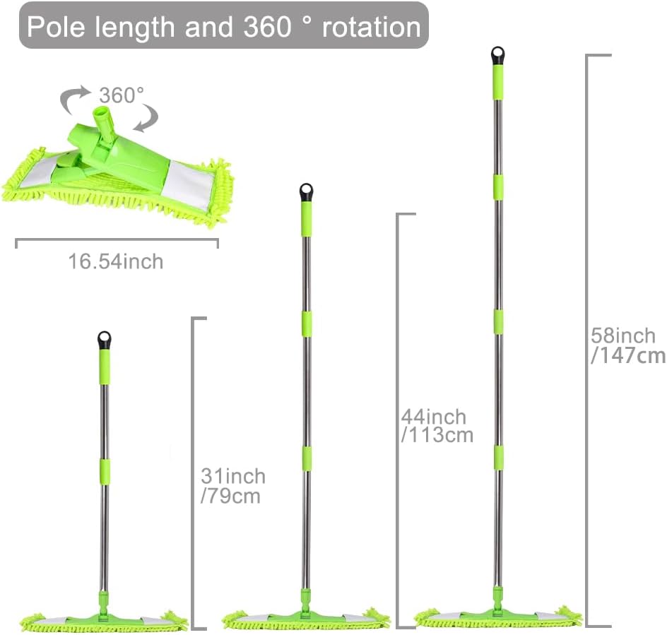 Dust Mop for Floor Cleaning with 2 Washable Chenille Pads and Extendable 58” Long Handle, Dry Wet Flat Mop with Scouring Pad for Hardwood, Laminate, Tile, Marble ，Green