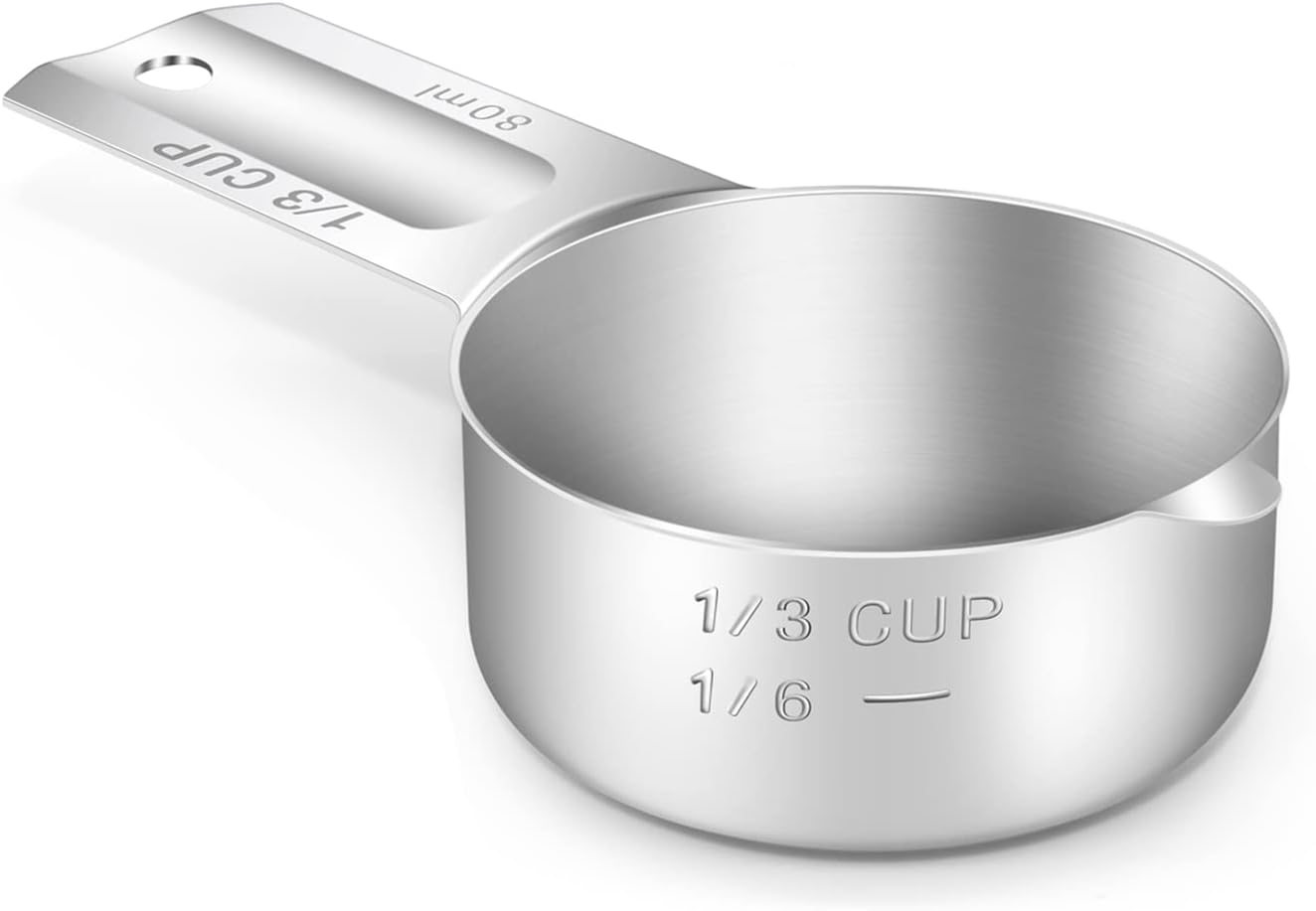 1PCS 1/3Cup (80ml, 2.7oz) Single Measuring Cup, Stainless Steel Measure Scoop, Metric and US Measurement, Dishwasher Safe