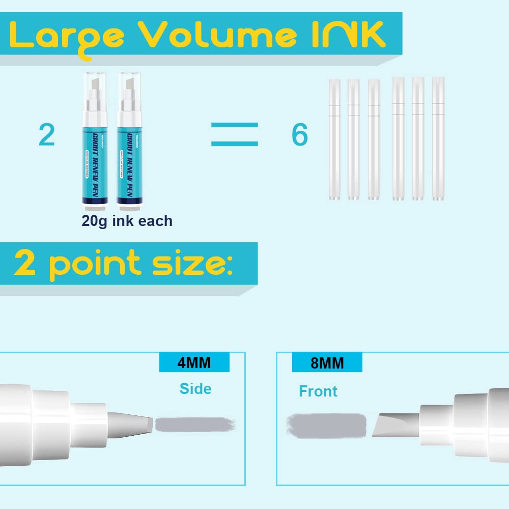 NADAMOO Grout Renew Pen Gray - 2 Large Size 20ml Tile Grout Paint Pen - Restore Grout Line - 2 Replacement Nibs and 1 Cleaning Brush