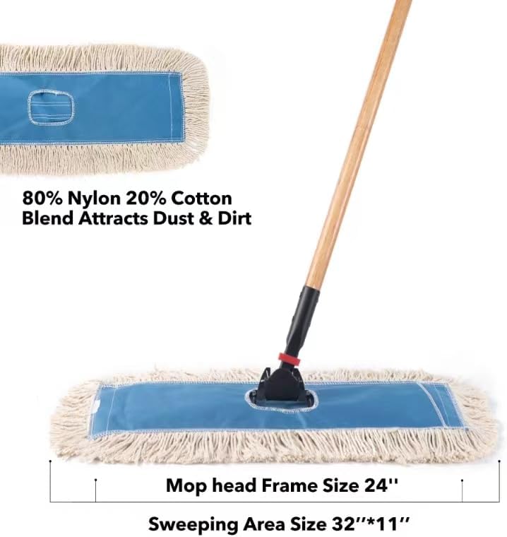 MATTHEW CLEANING 24'' Industrial Strength Cotton Dust Mop Refill Washable Replacement Heads For Residential & Commercial Use Fit Standard Dust Mop Frames, Hardwood,Concrete Floors Blue&White Pack of 6