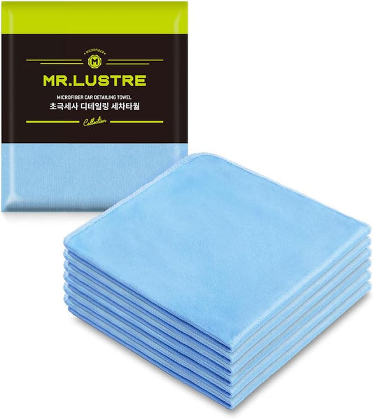 Mr. Lustre Microfiber Glass Cleaning Towels for Cars – 16 x 16 in, Ultra-Fine, Streak-Free, Lint-Free, Scratch-Free Auto Detailing Cloths, Window & Car Towel, Removes Water Spots, Blue (6-Pack)