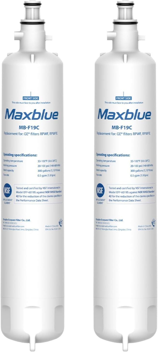 Maxblue Replacement for GE® RPWFE®, RPWF (with CHIP) Refrigerator Water Filter, Compatible with WSG-4, WF277, GFE28GMKES, PFE28KBLTS, GFD28GSLSS, PWE23KSKSS, GYE22HMKES, DFE28JSKSS, 2 Filters