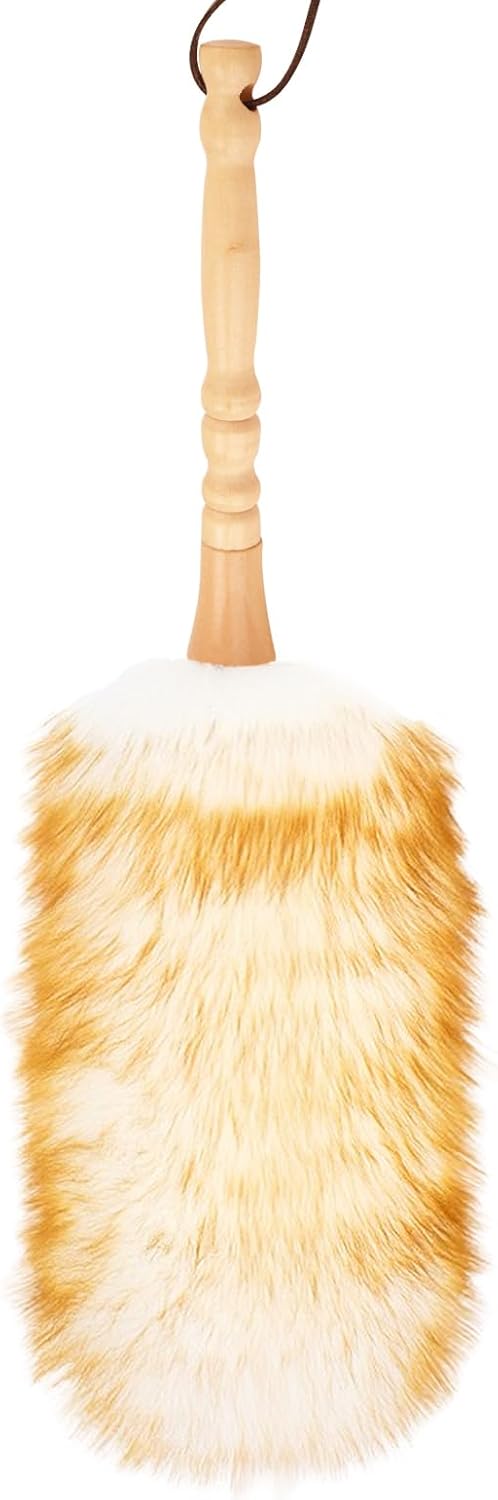 Lambswool Duster with Solid Wooden Handle,Leather Hang Strap,Comfortable Grips 19.6 inch Long Natural Feathers Dusters for Cleaning Wall Plant Desk Blind Cleaner Duster Tool