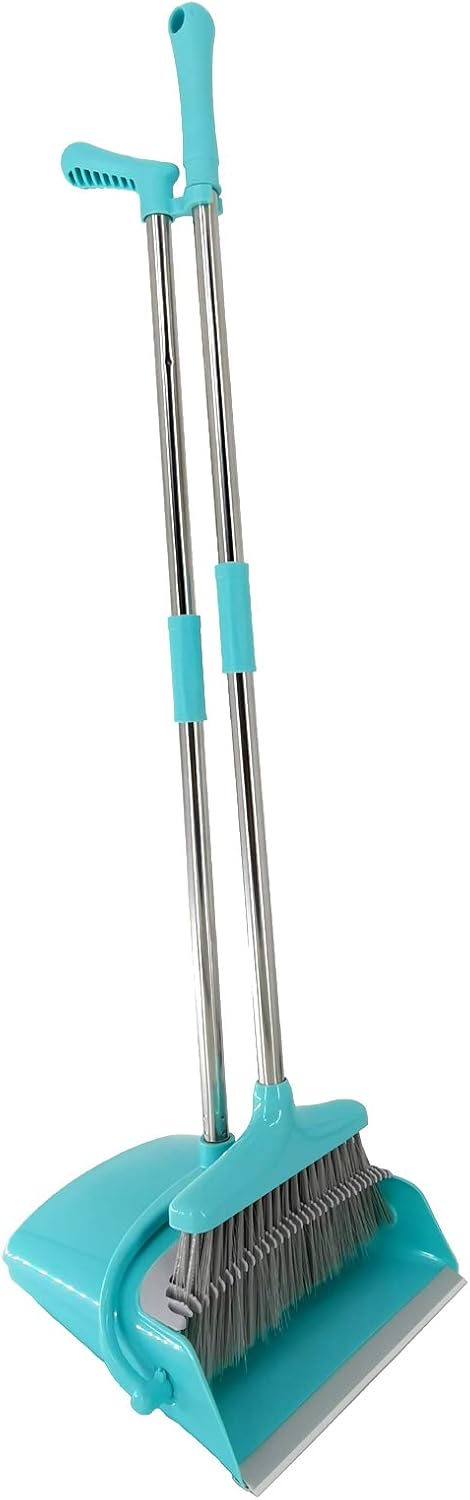 Extendable Long Handle Broom and Dustpan Set, Stainless Lightweight Upright Standing Broom and Dustpan Combo for Kitchen Lobby Office Living Room Household Indoor or Outside (Light Blue)