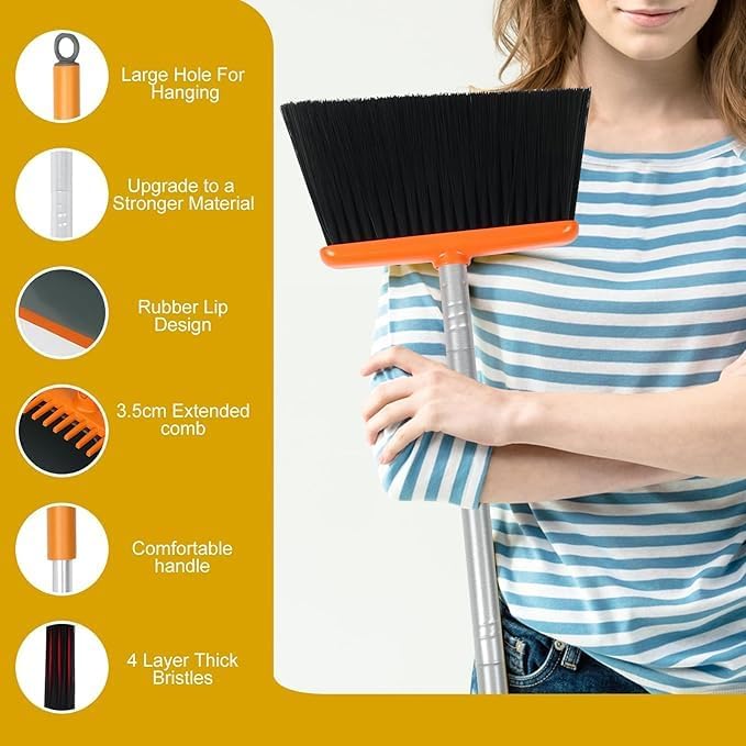 Broom and Dustpan Set – Upright Standing Broom with Long Handle and Clip-On Dustpan – Indoor Sweeping Set for Home, Office, or Kitchen – Space-Saving & Easy to Store (Orange & Black)