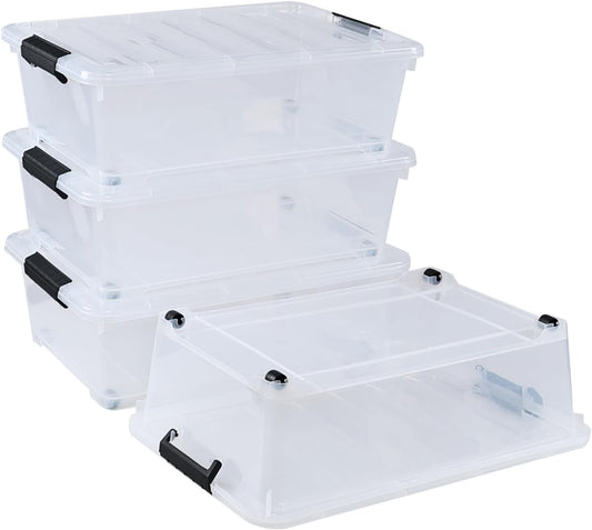 20 Quart Stackable Plastic Under Bed Bins with Lid, Set of 4 Clear Latch Storage Container with Wheels