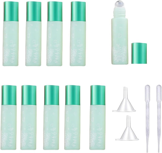 10 Pcs Green Glass Essential Oil Roller Bottles,10ml Empty Refillable Roll on Bottles,Glass Travel Roller Bottles with Stainless Steel Roller Balls for Essential Oil,Perfume,Lip Gloss Lip Balms