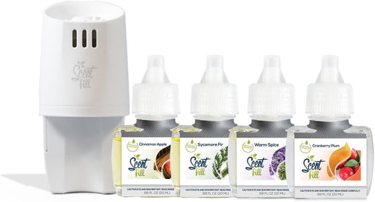 Scent Fill Holiday Kit (Cinnamon Apple, Sycamore Fir, Warm Spice, and Cranberry Plum), 4 Refills + Diffuser