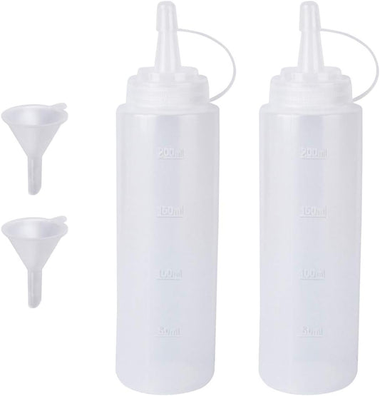 2 Pack 8oz Plastic Sauce Bottle Squeeze Squirt with Cap, Ketchup Dispenser, Leakproof Lids, Funnel Included
