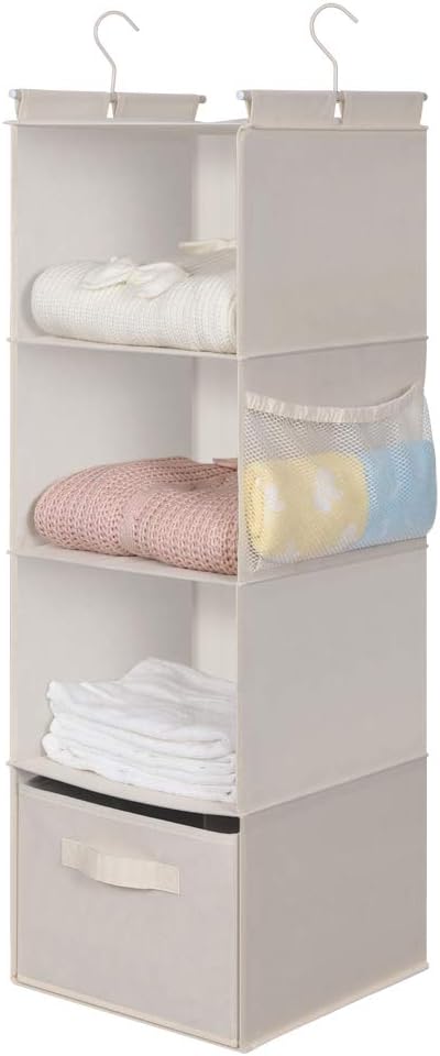 MAX Houser 4-Shelf Hanging Closet Organizer, Space Saver, Cloth Hanging Shelves with 2 Side Pockets, Foldable (Beige)