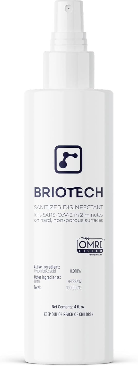 BRIOTECH Sanitizer Disinfectant Hypochlorous Spray, Kill 99.99% of Viruses & Bacteria, Control Mold, Eliminate Odor, Gentle for Nursery & Play Rooms, Food Contact Surface Sanitizer, 4 fl oz