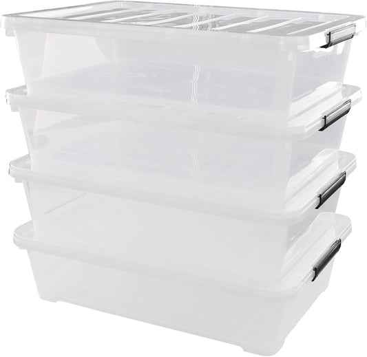 40 Quarts Under Bed Storage Boxes with Wheels, Large Plastic Shallow Tote Bins Set of 4