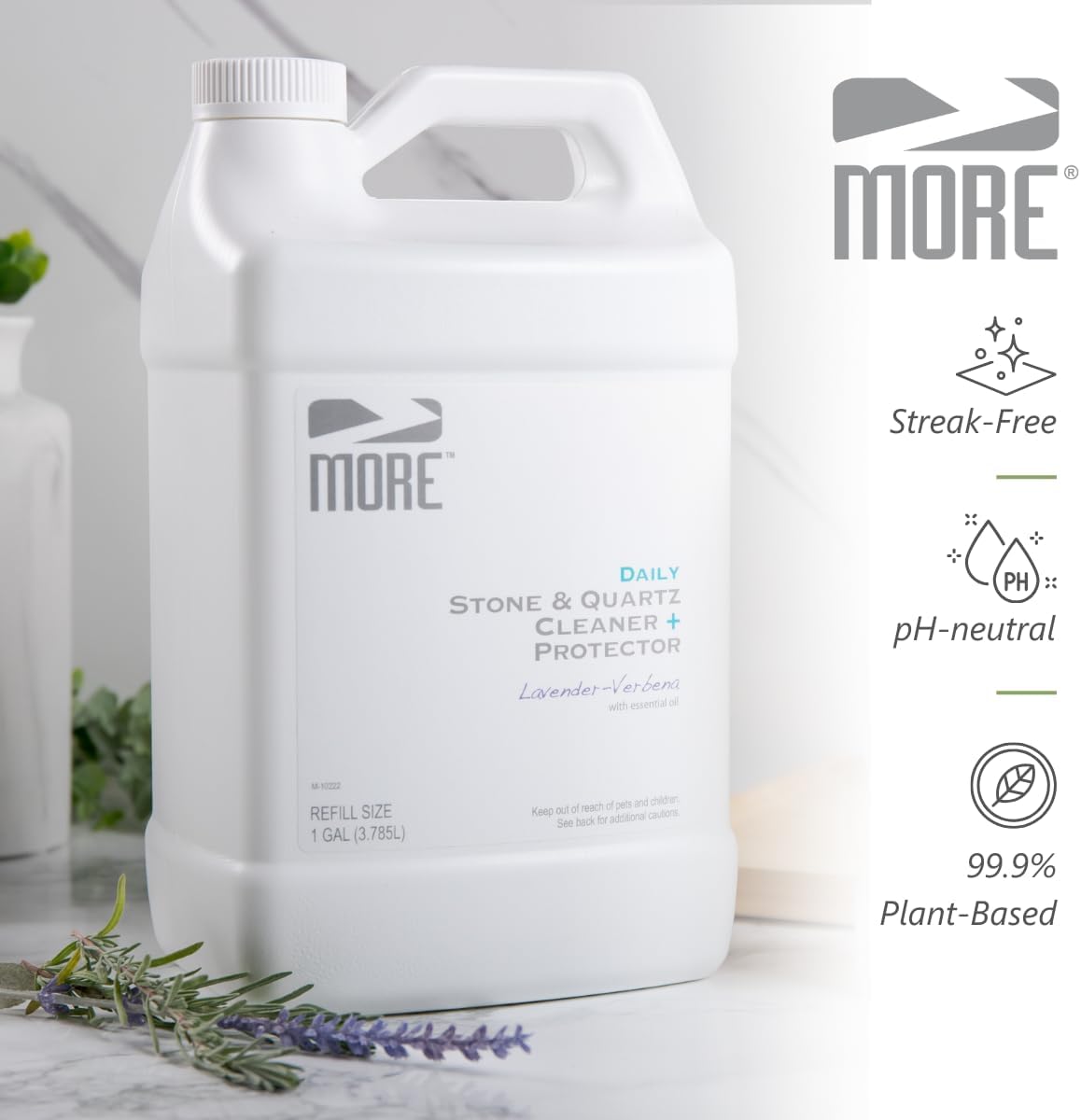 MORE Stone & Quartz Cleaner + Protector - Granite, Quartz & Marble Cleaner - For Kitchen & Bathroom Countertops - Water-Based Surface Spray Refill - Lavender-Verbena Essential Oil - Gallon (128oz)