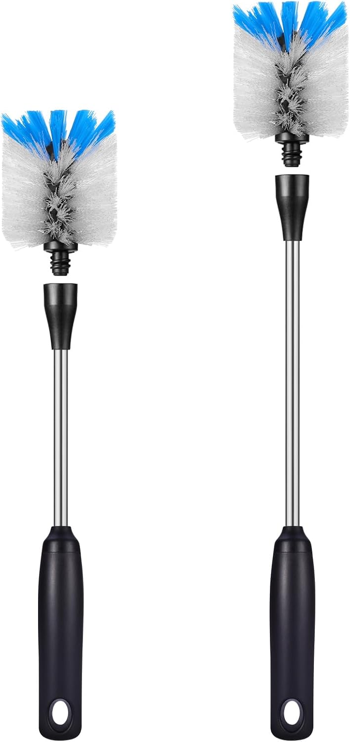 Stainless Steel Bottle Brush with Replaceable Head, 2 Pack Long Handle Scrubbing Brush for Water Bottles, Glasswares, Mugs, Flasks, Tumblers, Vases, and Kitchen Sink, 13 in - 15 in