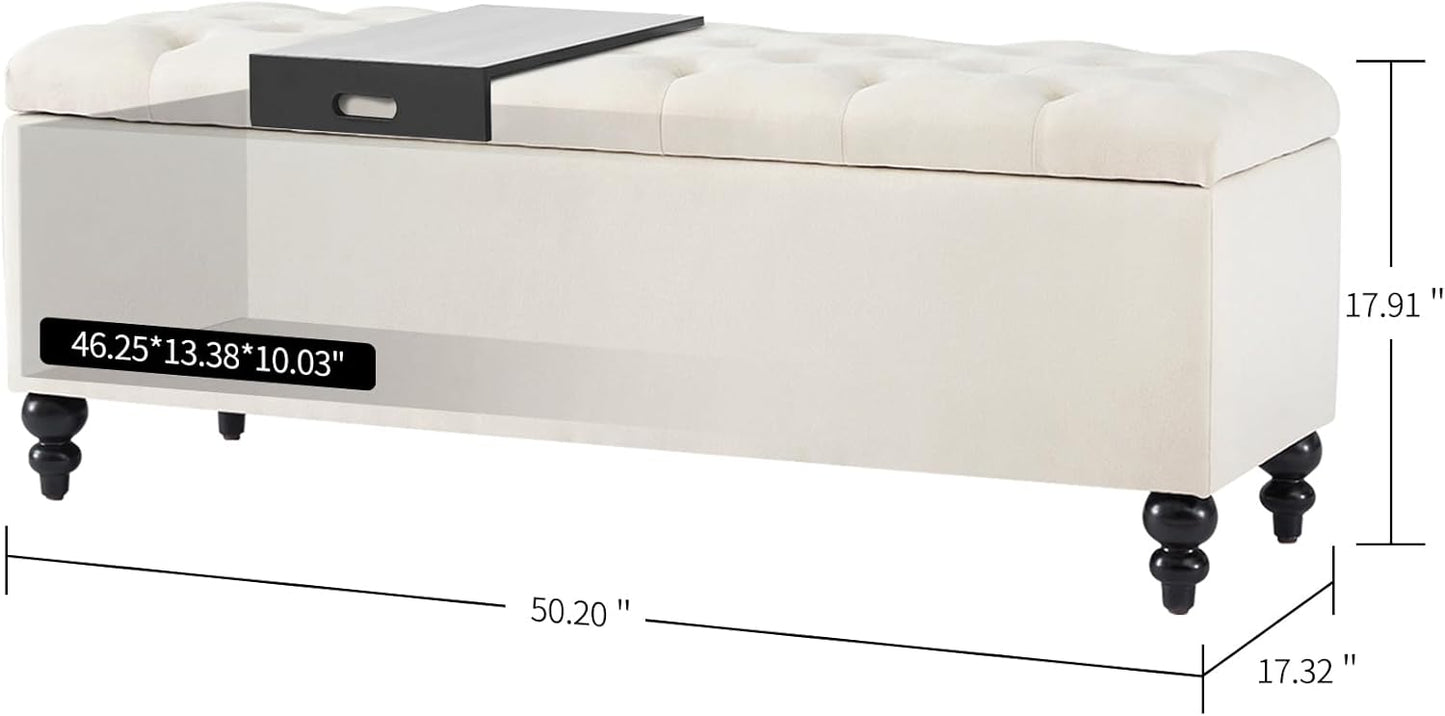 Living&Giving Storage Ottoman 50.2 Inches Upholstered Fabric Storage Ottoman Bench，Button Tufted Ottoman with Storage for Living Room，Bedroom End of Bed Bench Withstands 304lbs (Ivory-TP)