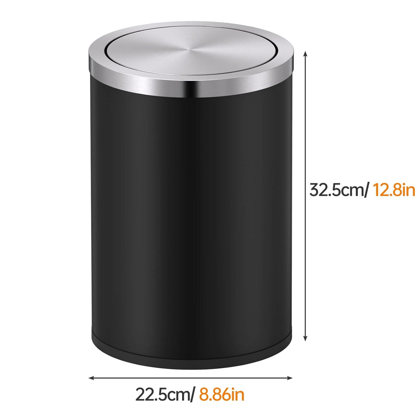 Mbillion Small Trash Can with Swing Lid 4 Gallons/15 Liter, Mini Trash Can with lid, Stainless Steel Cylindrical Garbage Can for Home and Office, for Ground and Desktop(Black)