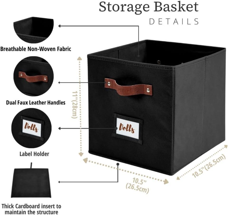 DECOMOMO Storage Bins, Cube Storage Bin with Labels, Fabric Storage Cubes for Shelves (10.5" x 11" / 6pcs, Black)