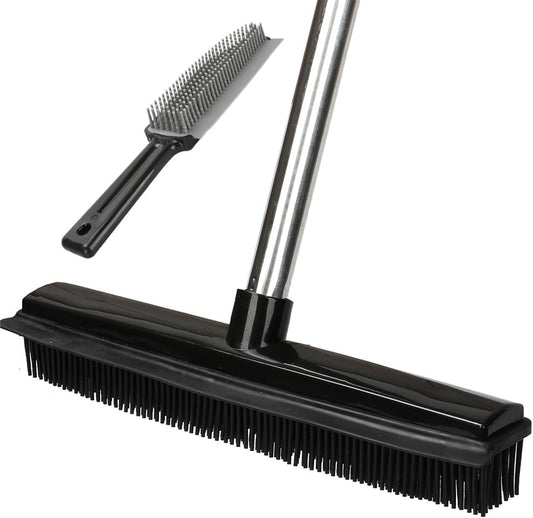 Rubber Broom and Pet Hair Removal Brush Set for Carpet,Fur Remover Rake with Squeegee,Lint Brush for Pet Dog Cat Hair