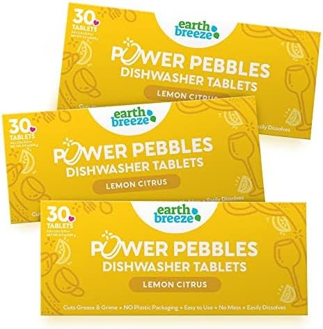 Earth Breeze Power Pebbles Dishwasher Tablets, Tough on Grease, Gentle on Dishes, Lemon Citrus Dish Detergent & Dishwasher Cleaner, Kitchen Cleaning Supplies for Sparkling Results, 90 Tabs (3-Pack)