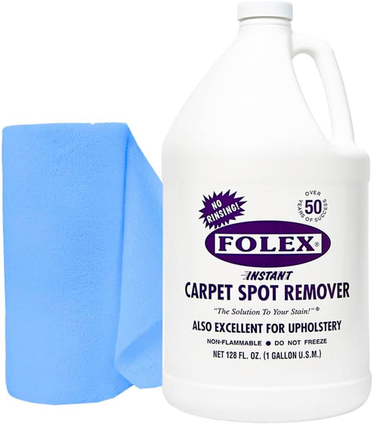 FOLEX Instant Carpet Spot Remover 128 oz - Powerful Stain Remover for Carpets, Upholstery & Rugs - Eliminates Pet Stains, Grease, Red Wine, Food, Makeup & More - With Reusable Cleaning Cloth - 1 Pack