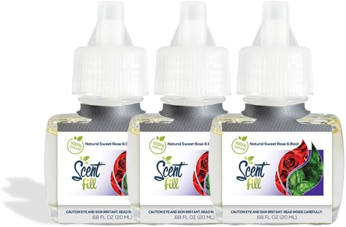 Scent Fill 100% Natural Sweet Rose & Basil Plug in Air Freshener, Scented Oil Refills, 3 Refills