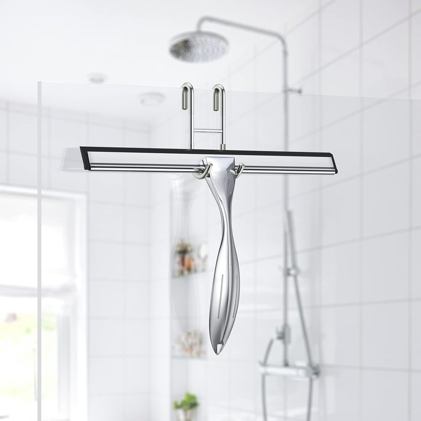 Shower Squeegee Set, 10-Inch Stainless Steel Squeegee for Bathroom, Shower Doors, Mirrors, Tiles, and Car Windows - 100% Streak Free, Includes Shower Door Hook, Adhesive Hook and Spare Silicone Blade