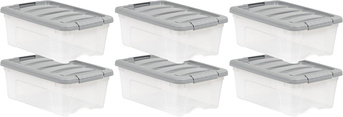 Amazon Basics Plastic Storage Containers with Secure Latching Lids, Stackable Organization Bins, Clear/Grey, 12 Quart, Set of 6
