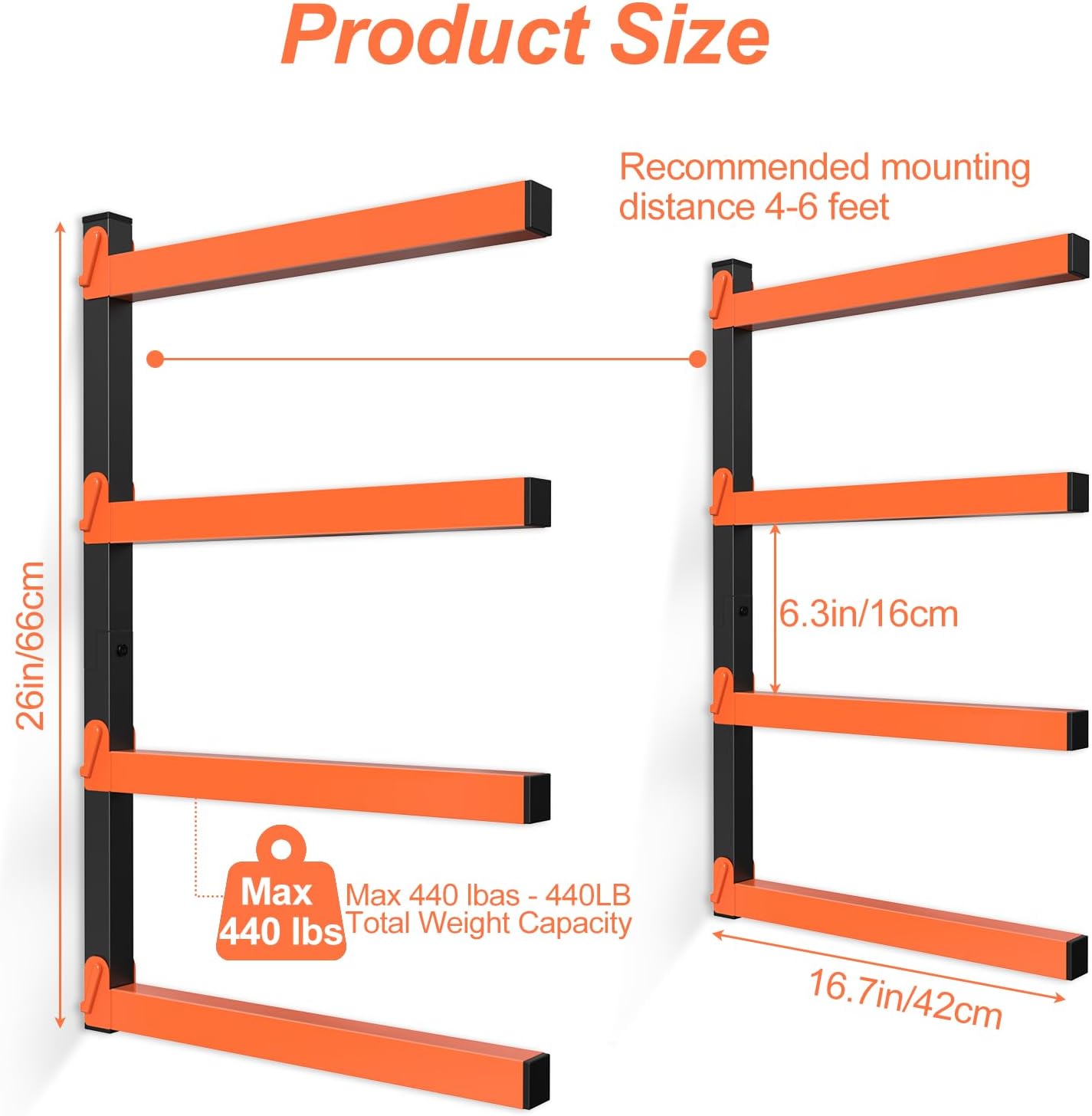 NANANARDOSO Wall Mount Wood Organizer and Lumber Storage,Heavy Duty Metal Shelf with 4-Level,Lumber Metal Racks for Indoor and Outdoor Use,2 Pack