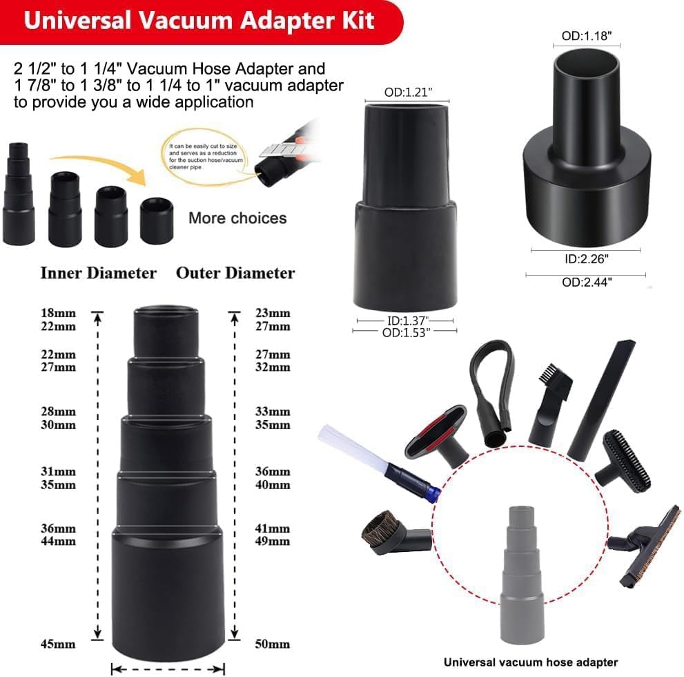 13 Pcs Universal Vacuum Attachments for Shop Vac Accessories - 2 1/2" to 1 1/4" and 1 7/8" to 1" Vacuum Hose Adapter Kit, 1 1/4" Vacuum Floor Brush Flexible Crevice Tool and Vacuum Extension Wand