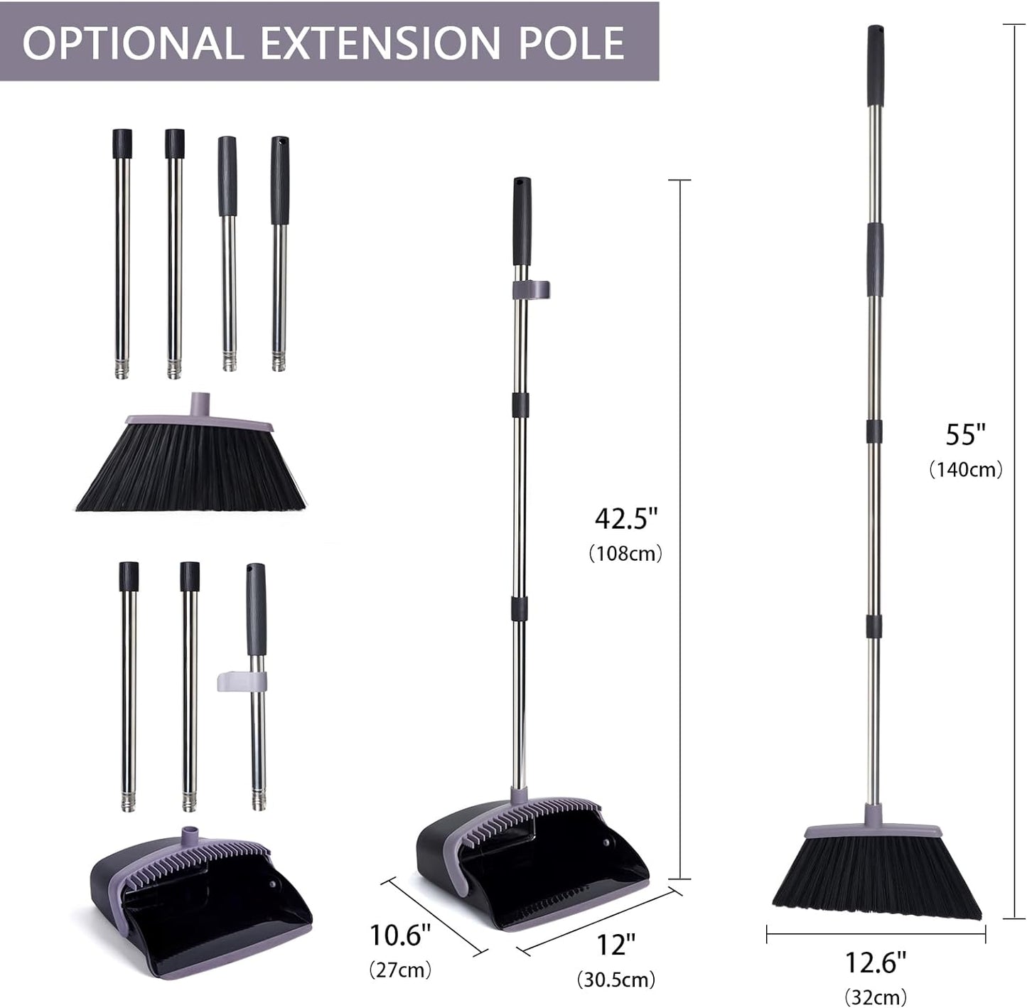 Broom and Dustpan Set, Dustpans with Broom Combo for Home, Heavy Dust Broom and Dustpan Combo, Long Handle Dust Pan and Broom Set for Kitchen, Office, Pet Hair, Charcoal Color, Pack of 1