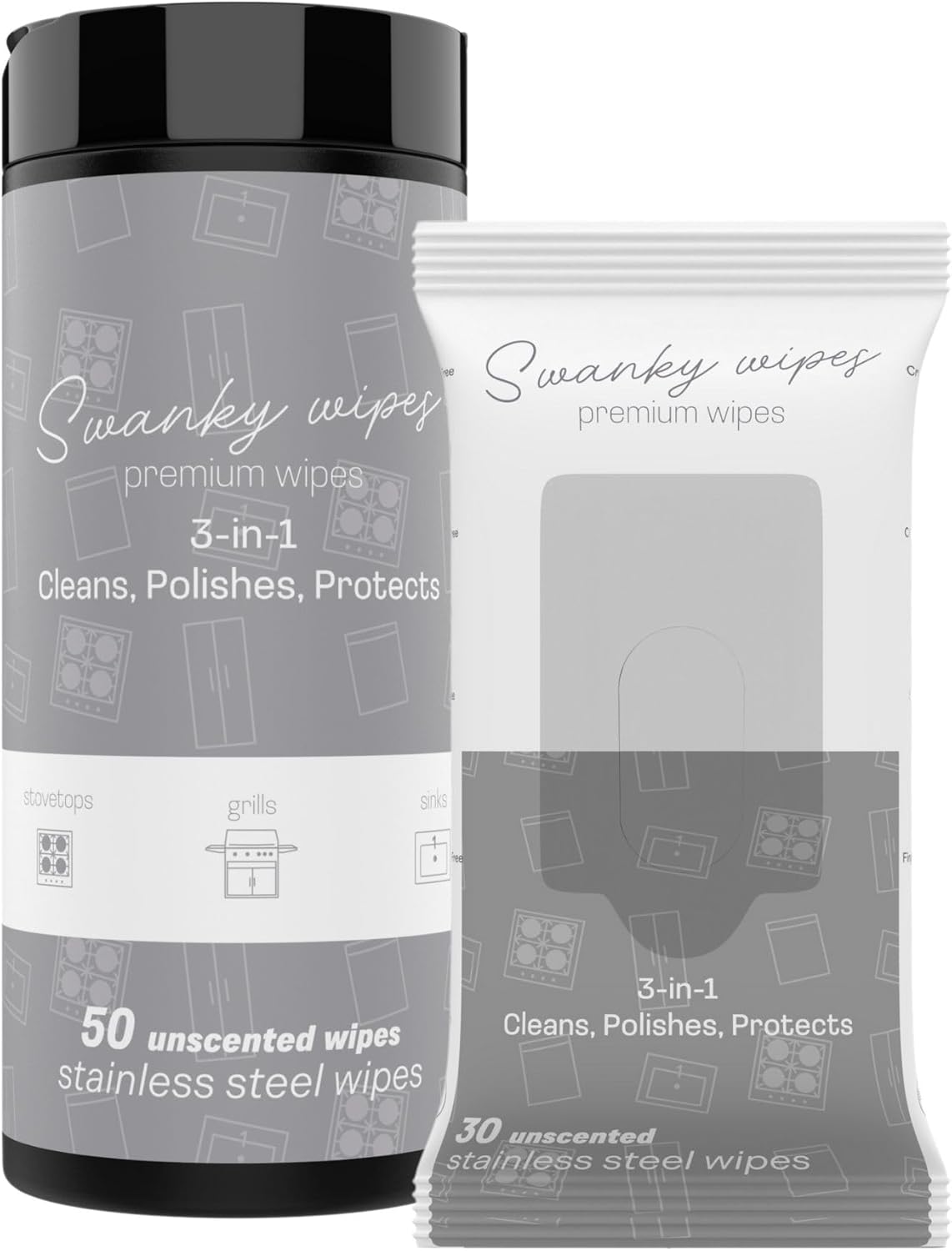 Swanky Stainless Steel Cleaner Wipes Bundle - Grime & Grease Remover Kitchen Cleaning Supplies - Clean & Shine for Stove, Refrigerator, Sink, Oven & Appliances - Soft Wipes (30 Ct) & Canister (50 Ct)