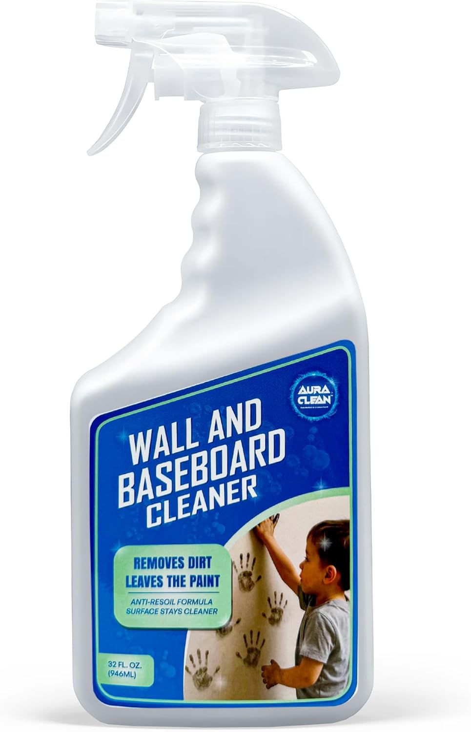 Wall & Baseboard Cleaner - Safe for Painted Walls & Trim | Eco-Friendly, No-Rinse, Kid & Pet-Safe | Anti-Resoil, Streak-Free Finish | Made in the USA | 32 oz Spray (1 Quart)
