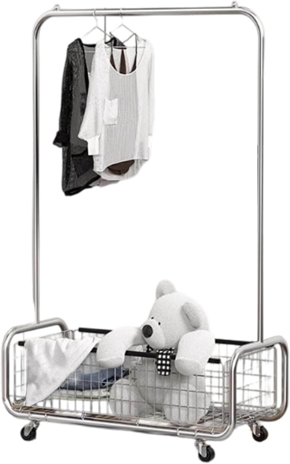 Garment Rack With Storage Baskets,Clothing Rack for Hanging Clothes, Multi-functional Bedroom Clothes Rack with Wheels for Bedroom, Living Room, Easy Assembly (40inch lenght)