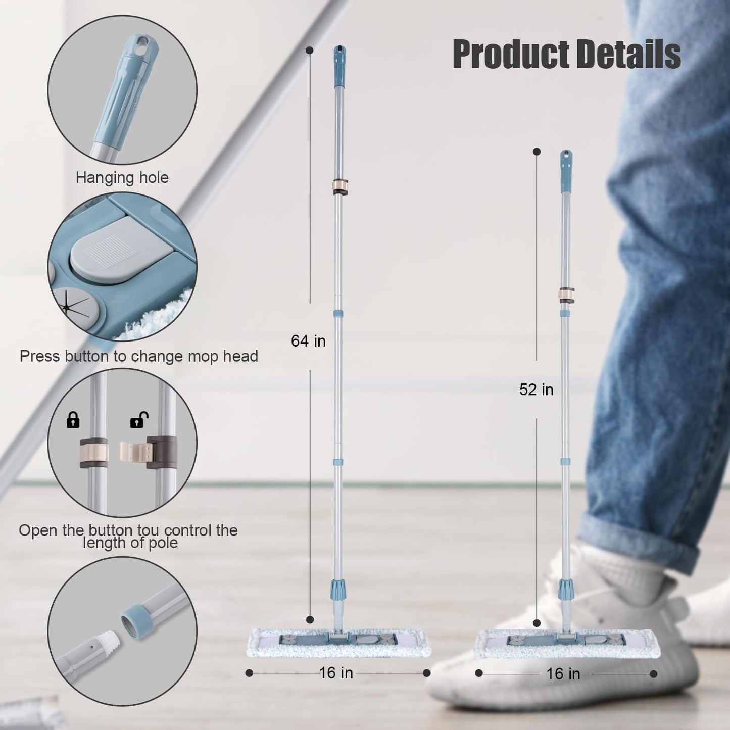 Dust Mop for Floor Cleaning,Magnetic Floor Flat Mop with 2 Washable Pads -Extendable 64‘’ Iron Handle for Hardwood Tile Marble Laminate Floors,Blue&Gray