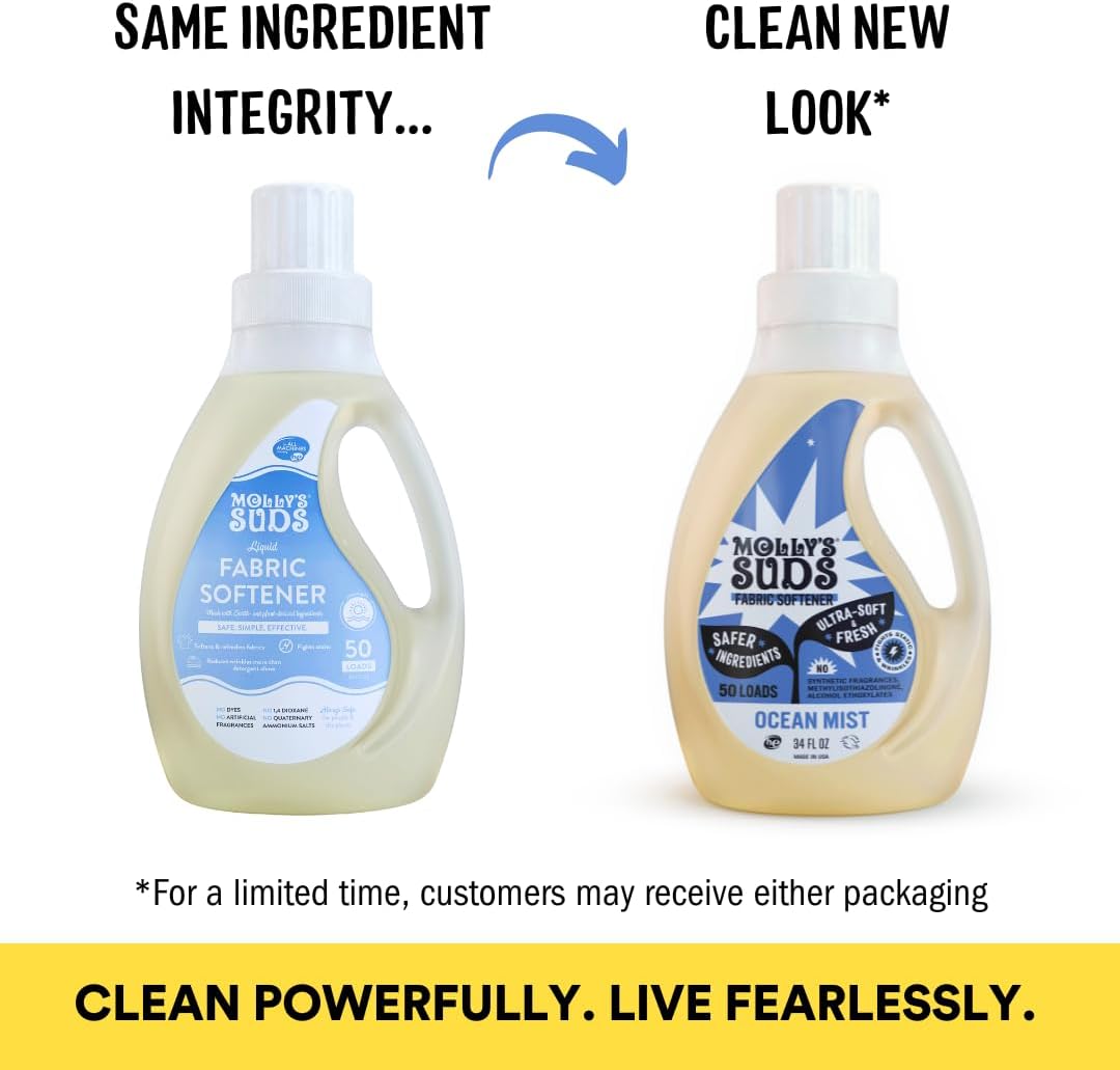 Molly’s Suds Fabric Softener Liquid for Sensitive Skin | Vinegar-Powered, Infused with Essential Oils | Fights Static, Reduces Wrinkles, Deodorizes | Ocean Mist, 50 Loads