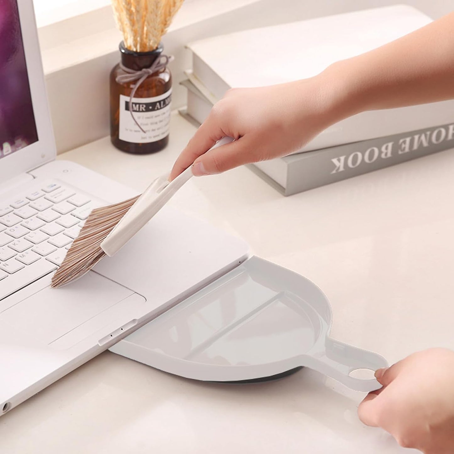 Mini Broom and Dustpan Set Hand Broom with Dustpan Portable Housekeeping Cleaning Tools for Desk,Counter,Sofa,Kitchen,Office,Nest (Off White)