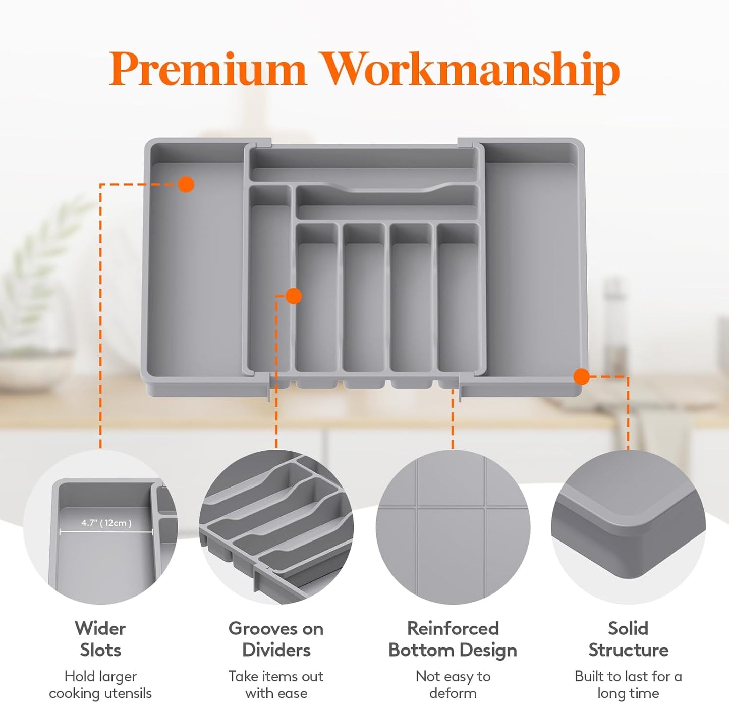 Lifewit Silverware Drawer Organizer, Expandable Utensil Organizer for Kitchen Drawers, Adjustable Cutlery and Flatware Tray, Plastic Spoons Forks Knives Holder Storage Dividers, Large, Gray