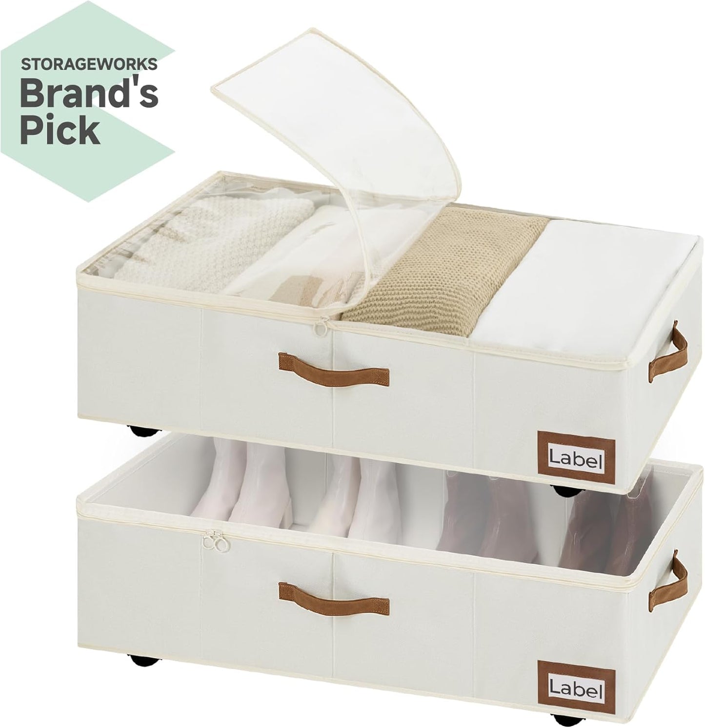 StorageWorks Under Bed Storage with Wheels, 10'' Underbed Storage Containers with Lid, 90L Clothes Organizer for Blankets, Sweaters, Bedding, 2-Pack, Beige