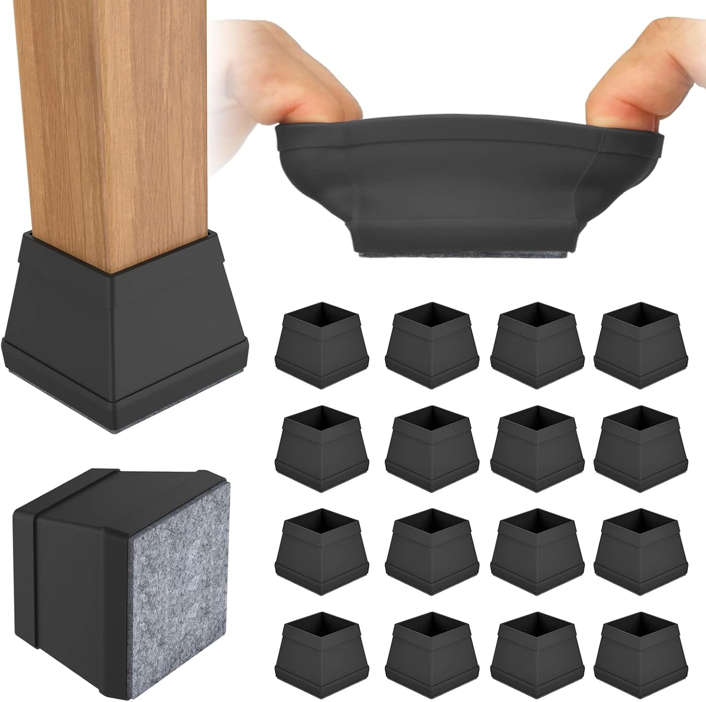 16 PCS Square Chair Leg Floor Protector, Silicone Chair Leg Cover, Furniture Leg Protectors with Felt, Mobile Table Leg pad, Protect The Floor from Scratches.1 in Black.