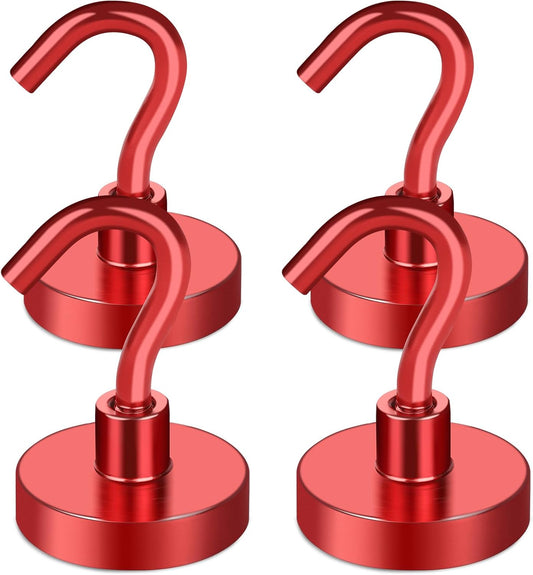 MIKEDE Magnetic Hooks Heavy Duty, 40 Lbs Magnet with Hooks for Cruise Cabins, Strong Magnets Neodymium for Hanging, Magnetic Wall Hooks for Refrigerator, Locker, Workplace(Red, 4 Pack)