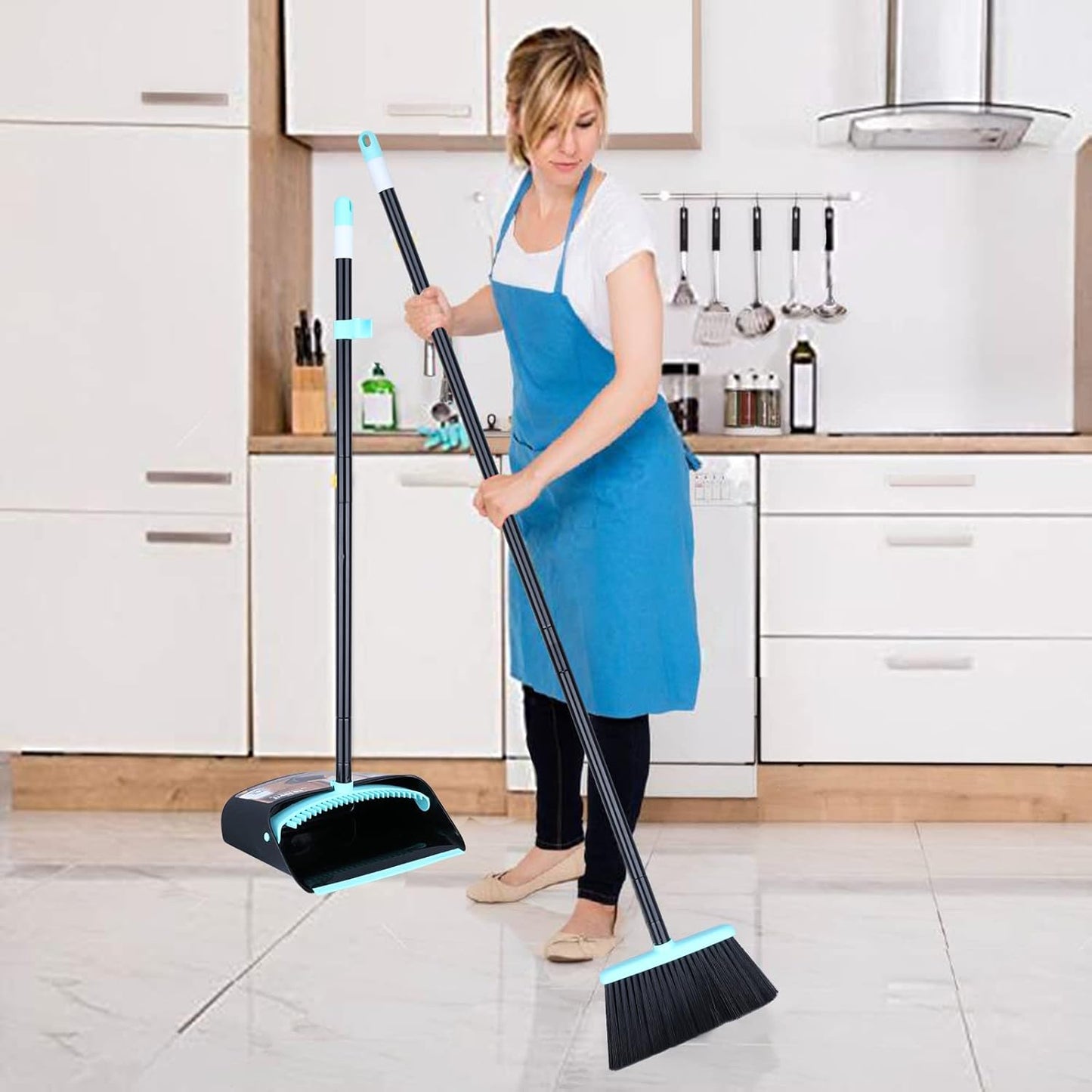 Broom with Dustpan Combo Set,Dust pan with Broom Combo Set,Standing Dustpan and Broom with 54” Long Handle for Indoor Lobby Office Kitchen Sweeping