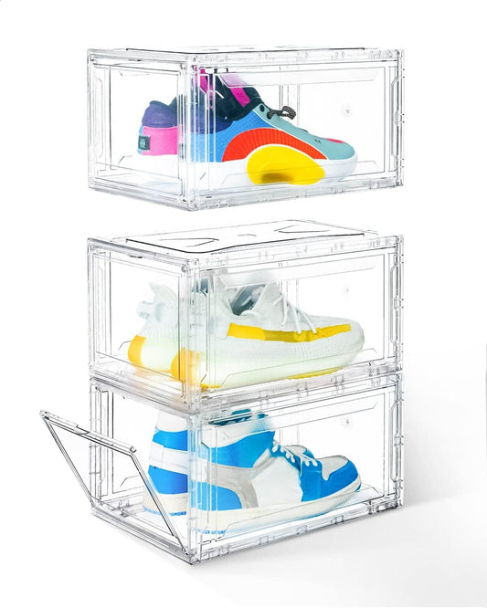 KDOR Shoe Boxes Clear Plastic Stackable 3 Pack Shoe Storage for Sneakerheads, Shoe Display Case Magnetic Door, Strong and Block of UV Protect your Shoes