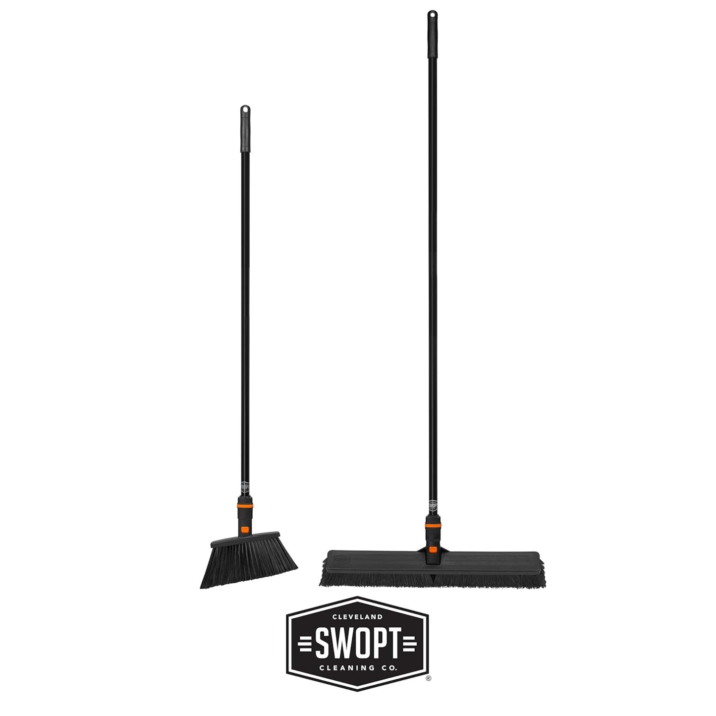SWOPT 24” Push Broom, Angle Broom + 48” and 60" Steel Handles, Standard Combo — Cleaning Heads with Long Handles Interchangeable with All SWOPT Cleaning Products — Indoor/Outdoor, Black